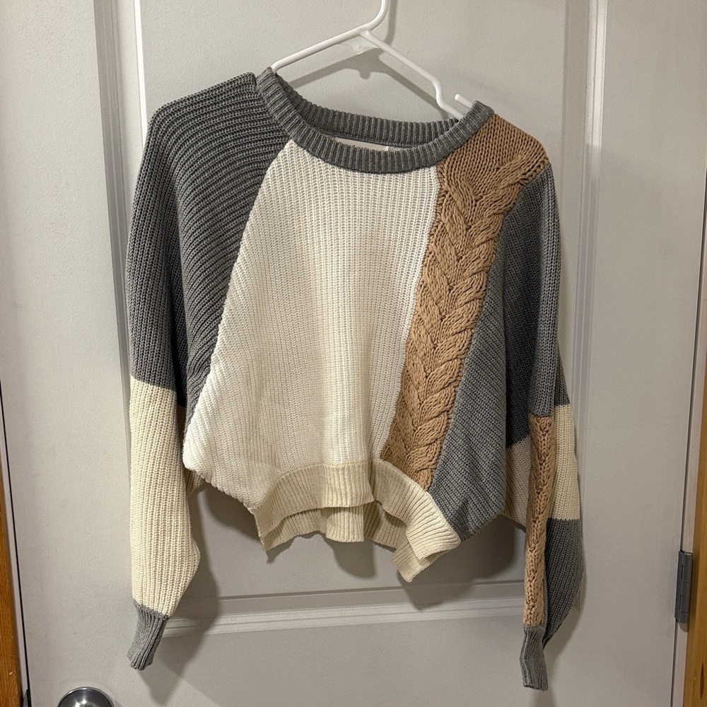 Colorblock Knit Sweater - Gray, White, Cream, and Tan